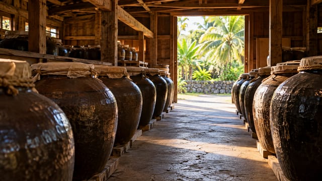泡盛の古酒を寝かせる、黒い釉薬のかめが並ぶ蔵