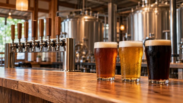 注ぎ口の並ぶカウンターと、色の違う3杯のビール