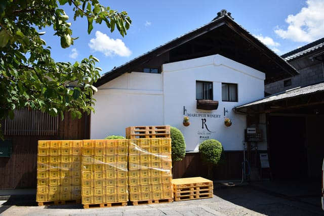 丸藤葡萄酒工業の白壁のワイナリー外観と「MARUFUJI WINERY」のロゴ
